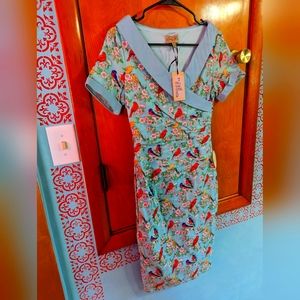 Lindy Bop Georgina bird print cotton wiggle dress
